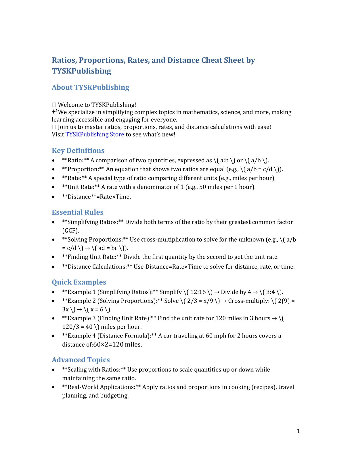 Ratios, Proportions, Rates, and Distance Cheat Sheet