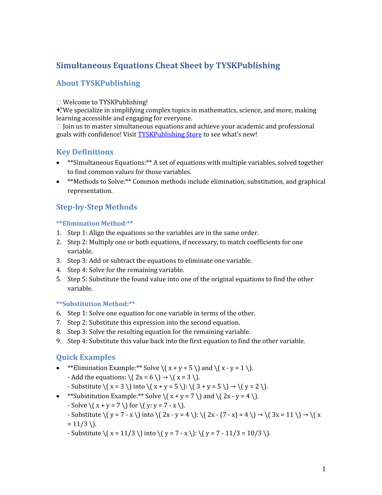 Simultaneous Equations Cheat Sheet