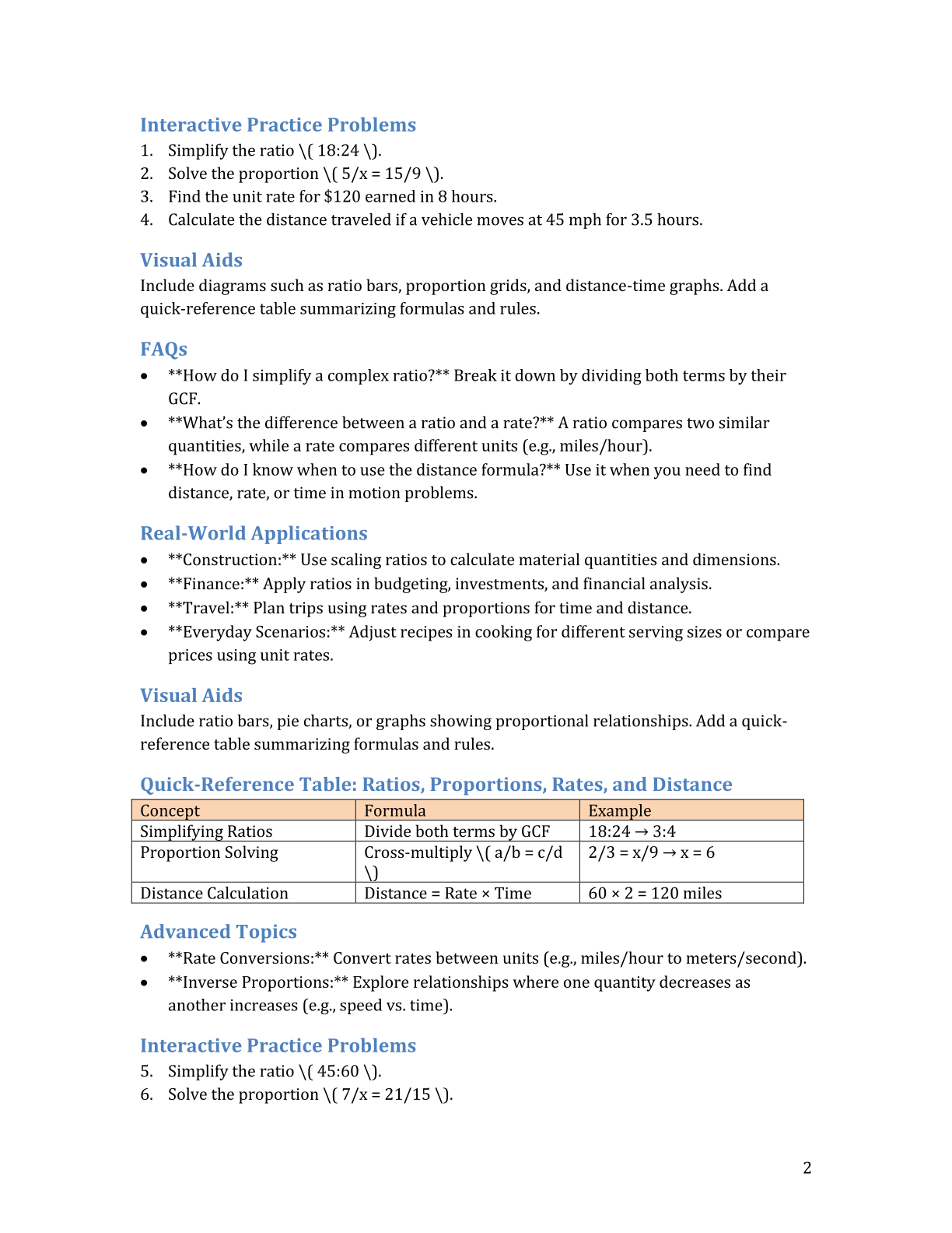 Ratios, Proportions, Rates, and Distance Cheat Sheet