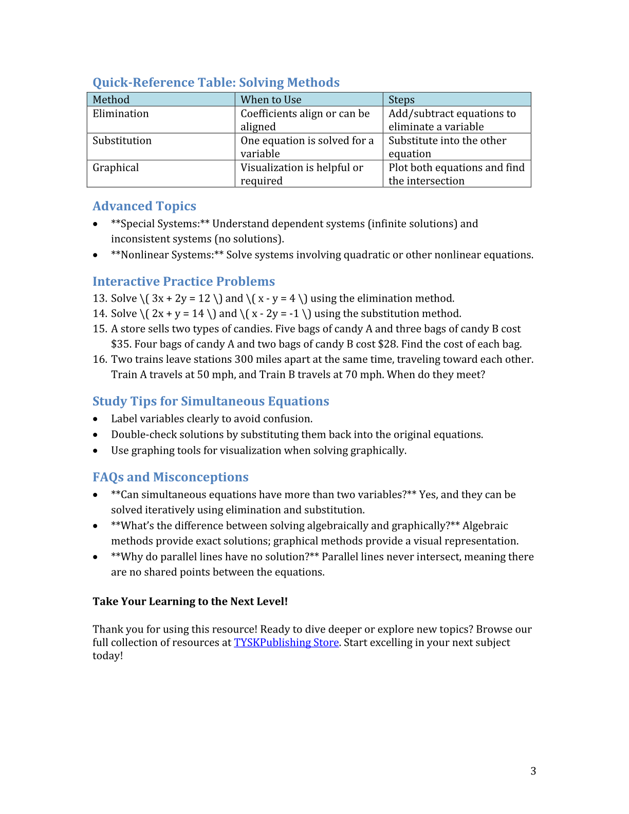 Simultaneous Equations Cheat Sheet